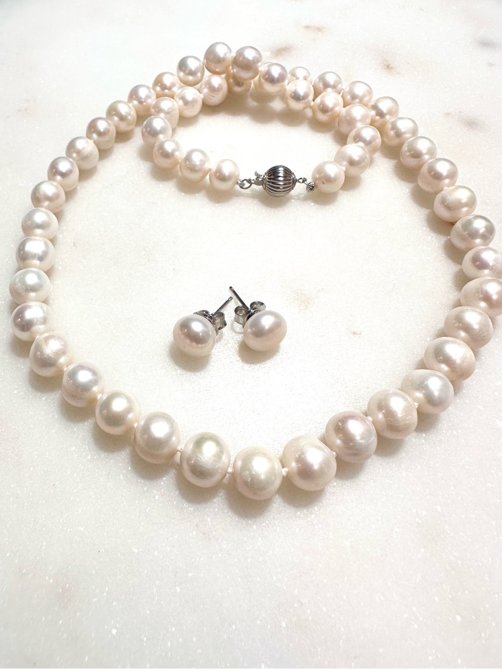 White Cultured Freshwater Pearl Rhodium over Sterling Silver Necklace & Earrings